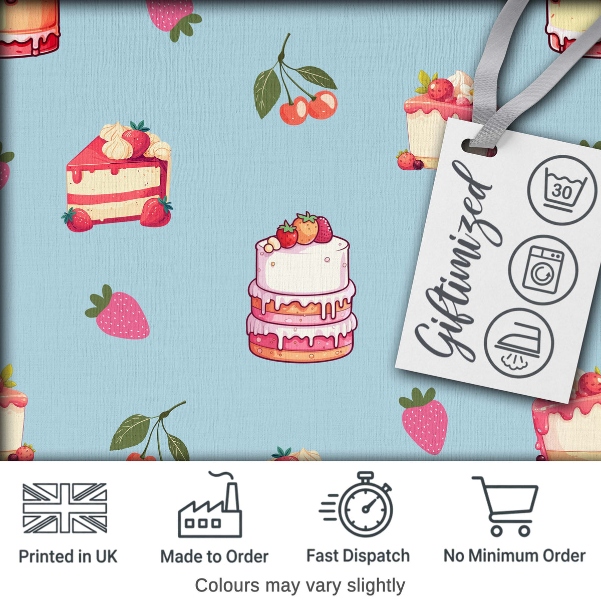 Cute Strawberry Cake Cherry Dessert Blue Background Seamless Pattern Digital Print Fabric by the Metre UK Sewing Quilting Textile