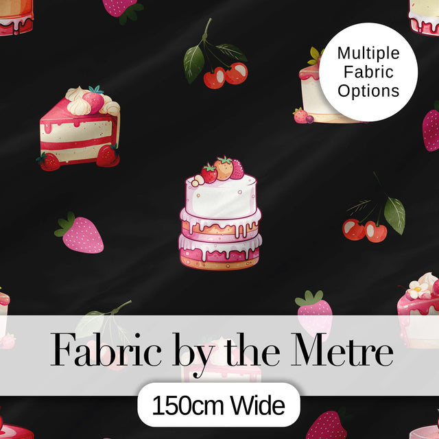 Cute Strawberry Cake Cherry Dessert Black Background Seamless Pattern Digital Print Fabric by the Metre UK Sewing Quilting Textile