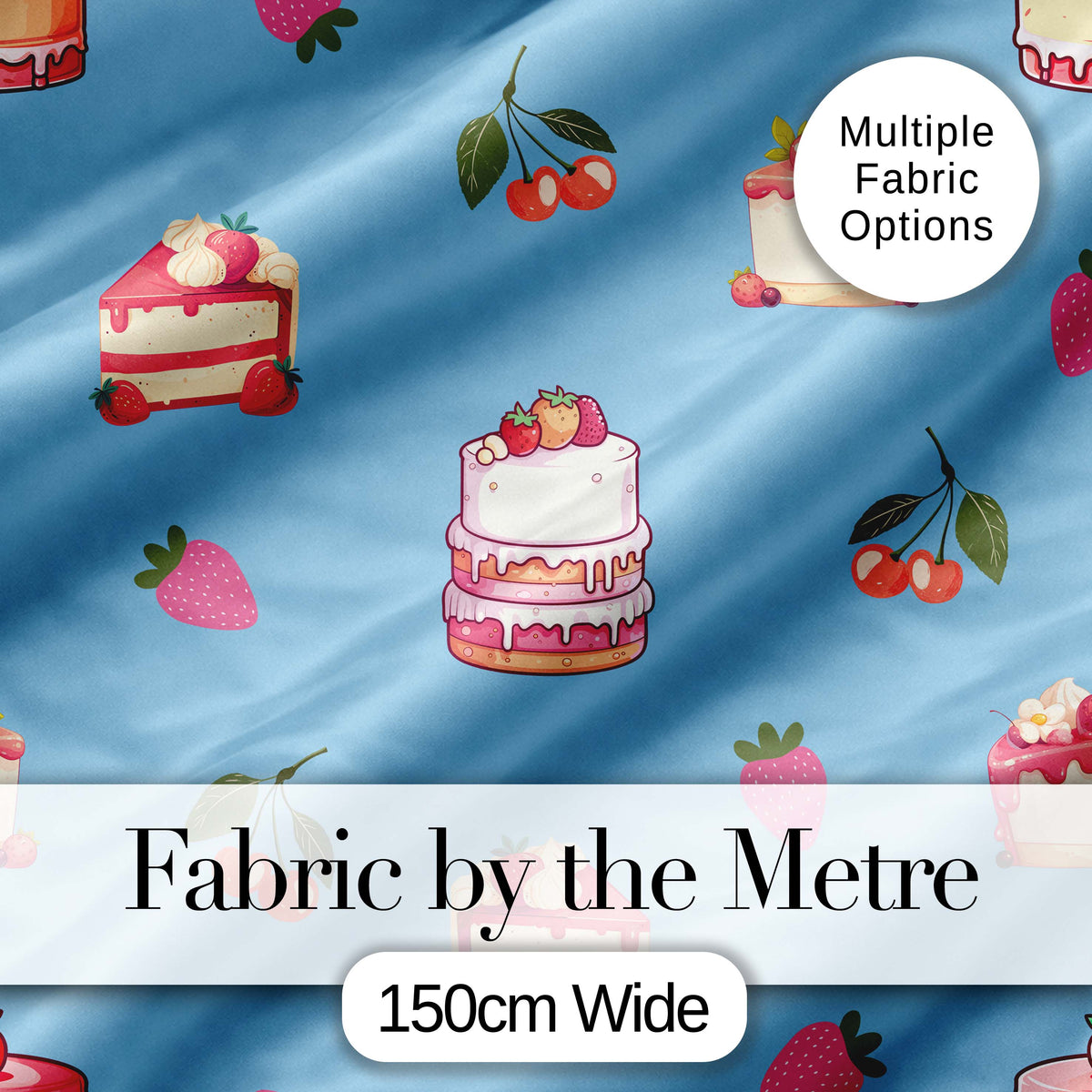 Cute Strawberry Cake Cherry Dessert Blue Sky Background Seamless Pattern Digital Print Fabric by the Metre UK Sewing Quilting Textile
