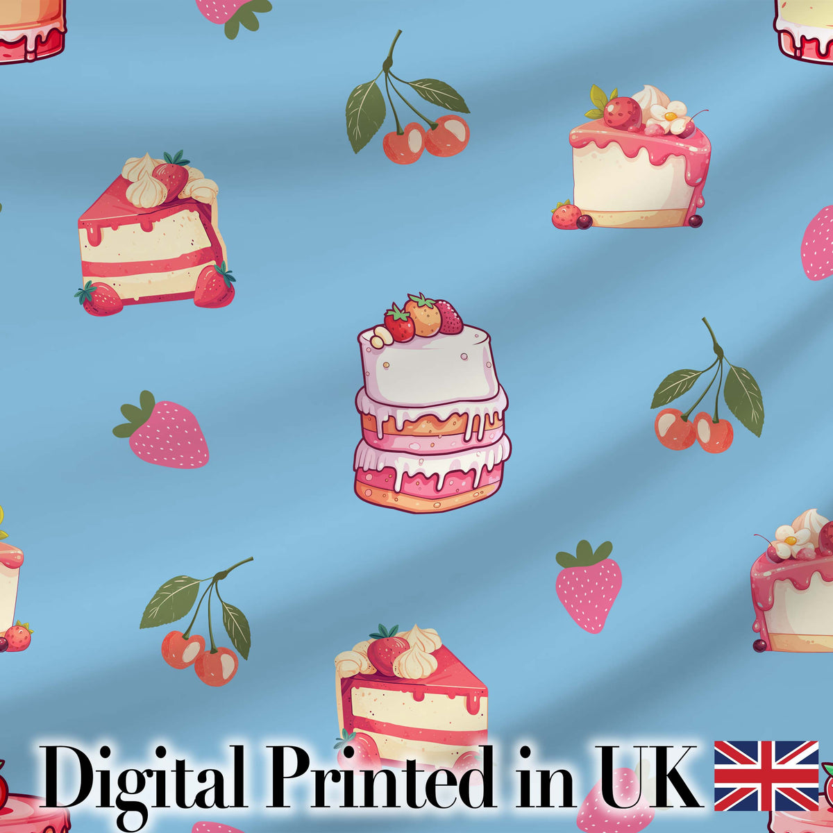 Cute Strawberry Cake Cherry Dessert Blue Sky Background Seamless Pattern Digital Print Fabric by the Metre UK Sewing Quilting Textile