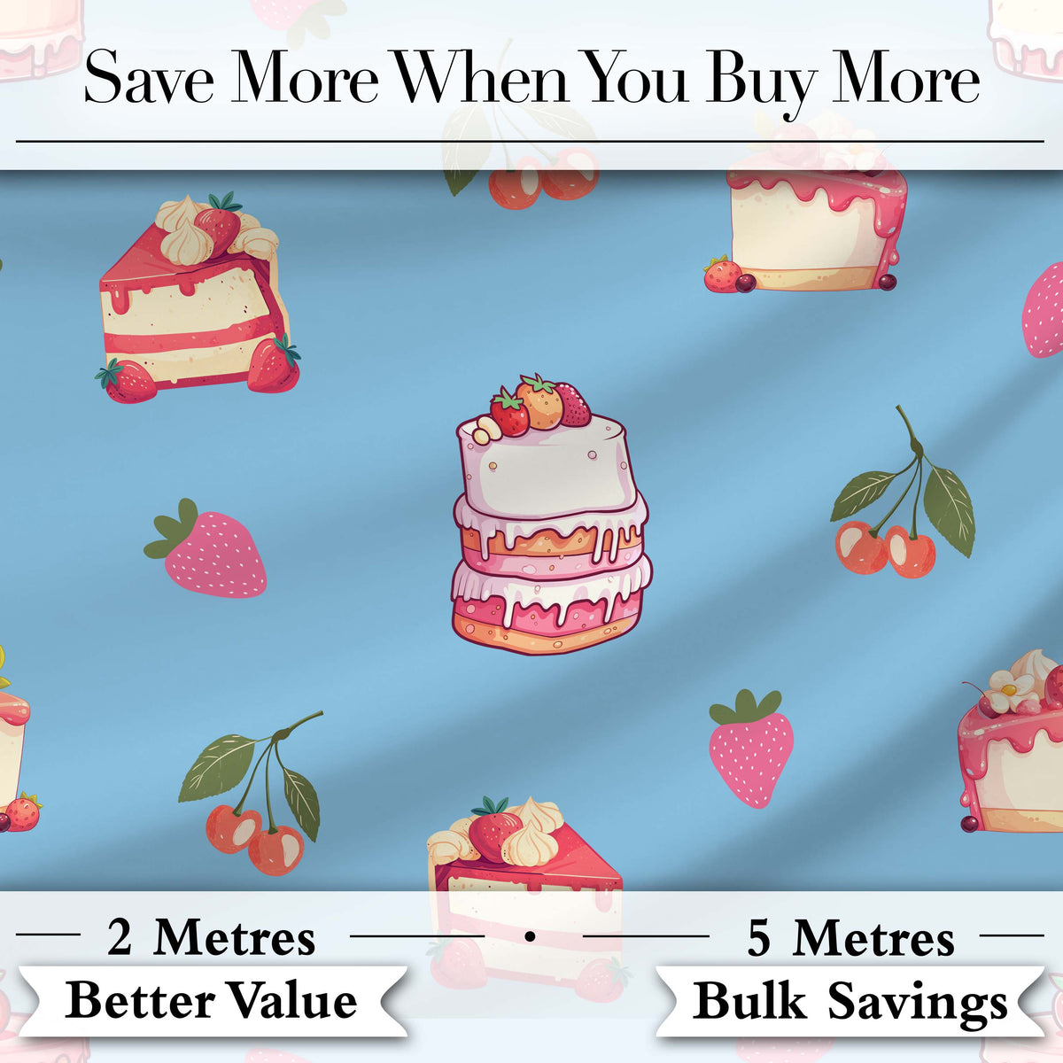 Cute Strawberry Cake Cherry Dessert Blue Sky Background Seamless Pattern Digital Print Fabric by the Metre UK Sewing Quilting Textile