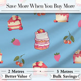 Cute Strawberry Cake Cherry Dessert Blue Sky Background Seamless Pattern Digital Print Fabric by the Metre UK Sewing Quilting Textile