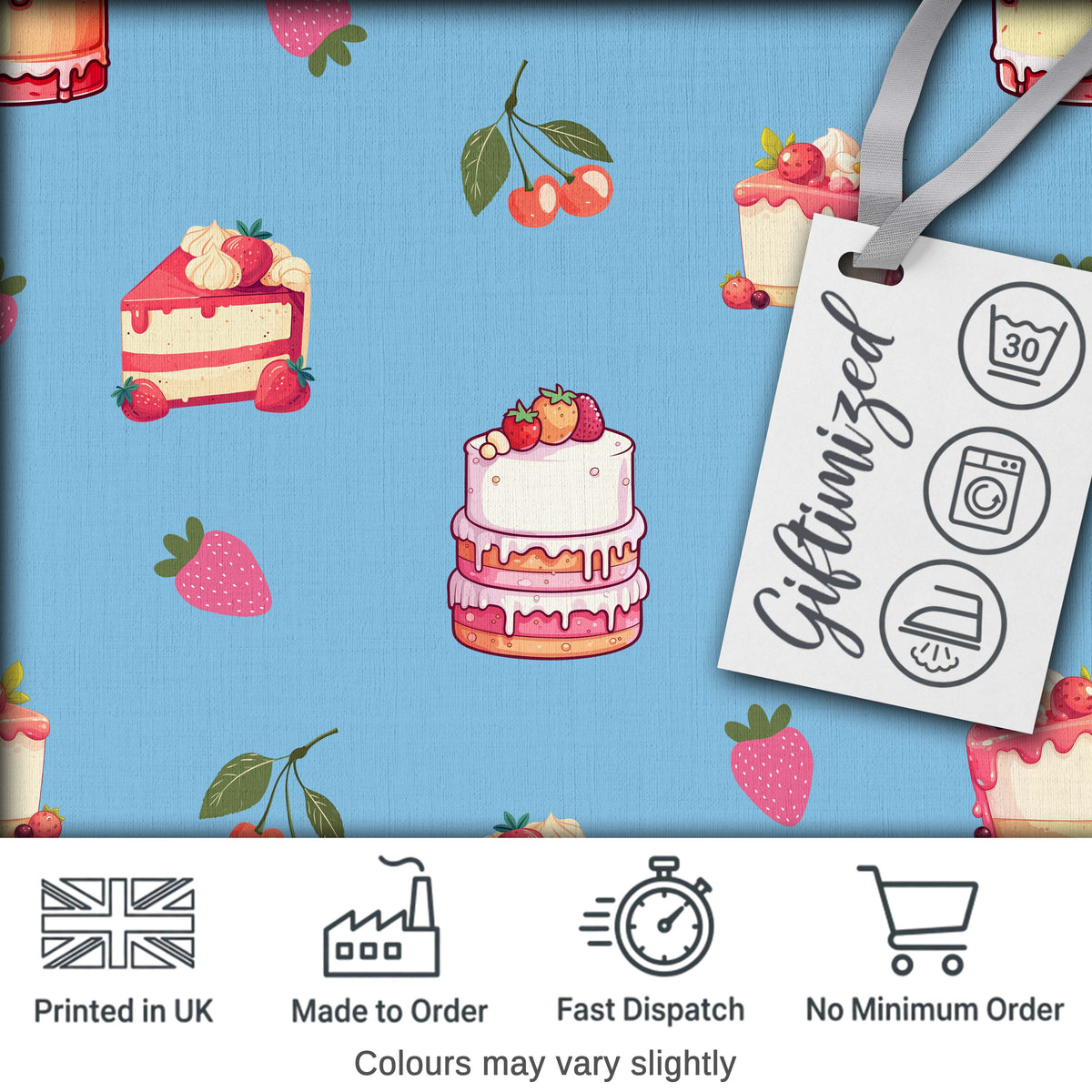 Cute Strawberry Cake Cherry Dessert Blue Sky Background Seamless Pattern Digital Print Fabric by the Metre UK Sewing Quilting Textile