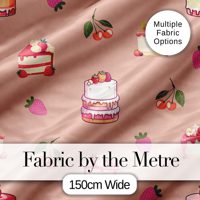 Cute Strawberry Cherry Cake Dessert Beige Background Seamless Pattern Digital Print Fabric by the Metre UK Sewing Quilting Textile