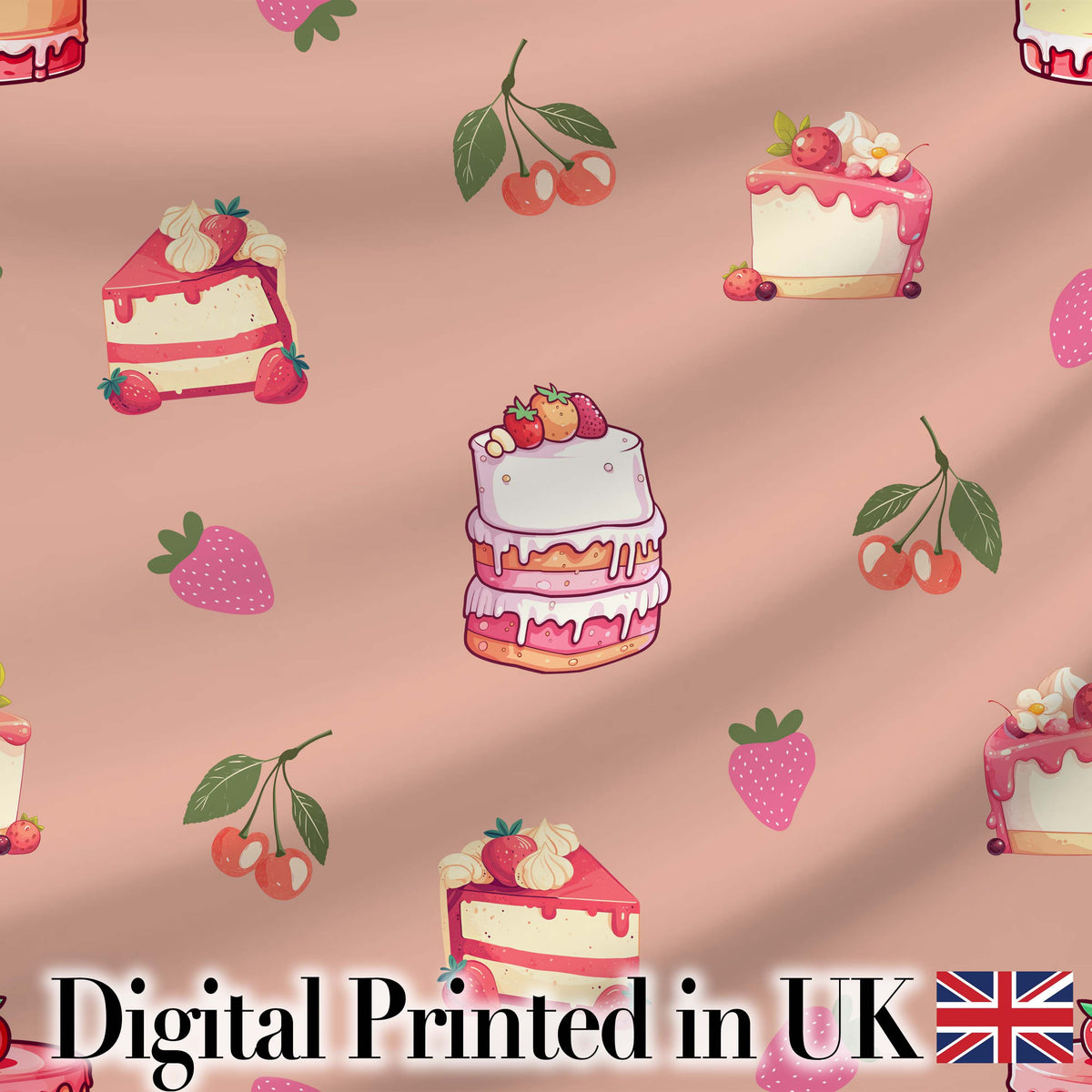 Cute Strawberry Cherry Cake Dessert Beige Background Seamless Pattern Digital Print Fabric by the Metre UK Sewing Quilting Textile