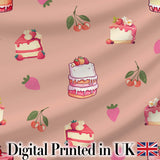 Cute Strawberry Cherry Cake Dessert Beige Background Seamless Pattern Digital Print Fabric by the Metre UK Sewing Quilting Textile