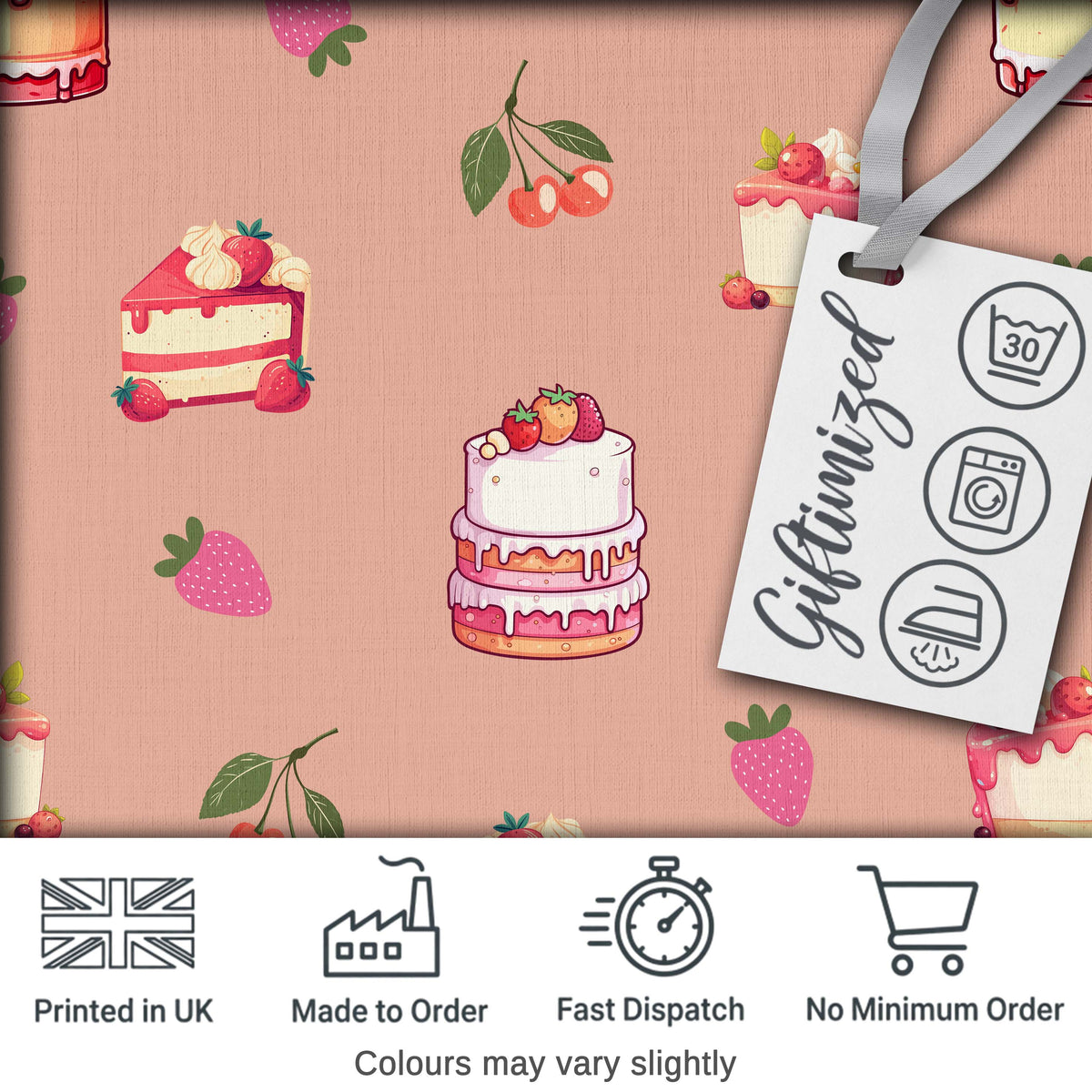 Cute Strawberry Cherry Cake Dessert Beige Background Seamless Pattern Digital Print Fabric by the Metre UK Sewing Quilting Textile
