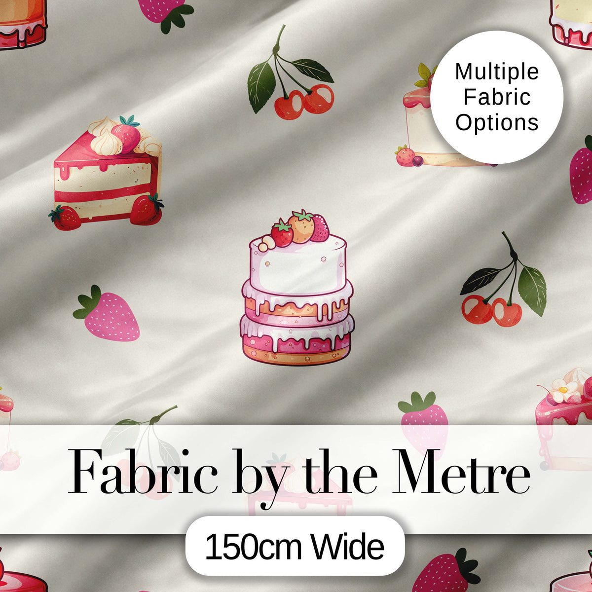 Cute Strawberry Cherry Cake Dessert Cream Background Seamless Pattern Digital Print Fabric by the Metre UK Sewing Quilting Textile