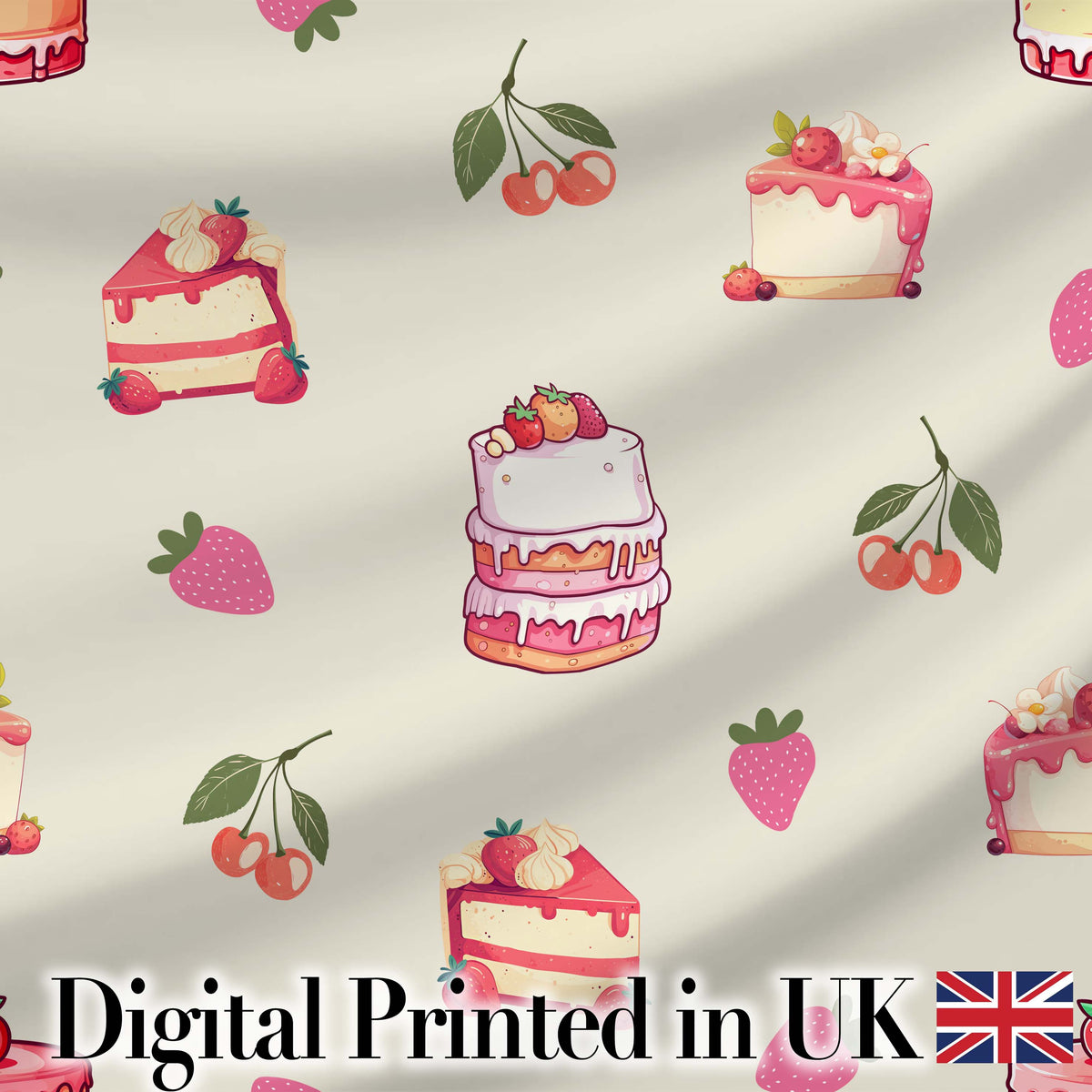 Cute Strawberry Cherry Cake Dessert Cream Background Seamless Pattern Digital Print Fabric by the Metre UK Sewing Quilting Textile