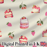 Cute Strawberry Cherry Cake Dessert Cream Background Seamless Pattern Digital Print Fabric by the Metre UK Sewing Quilting Textile