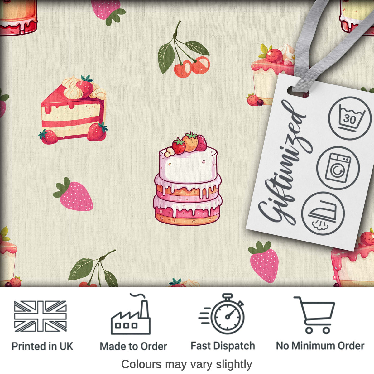 Cute Strawberry Cherry Cake Dessert Cream Background Seamless Pattern Digital Print Fabric by the Metre UK Sewing Quilting Textile