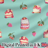 Cute Strawberry Cherry Cake Dessert Mint Green Background Seamless Pattern Digital Print Fabric by the Metre UK Sewing Quilting Textile
