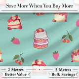 Cute Strawberry Cherry Cake Dessert Mint Green Background Seamless Pattern Digital Print Fabric by the Metre UK Sewing Quilting Textile
