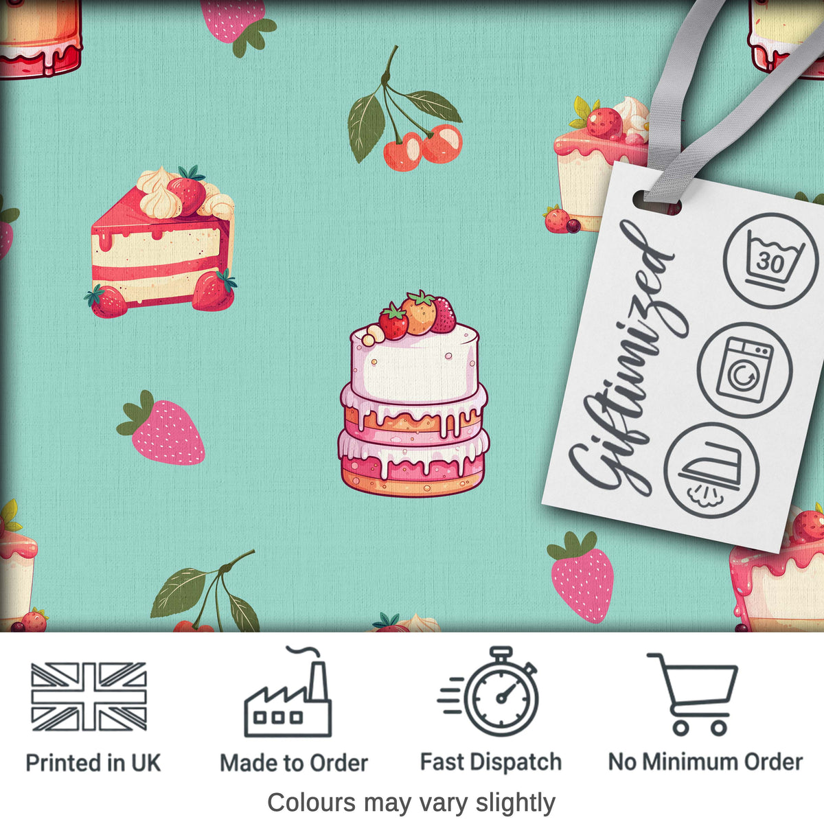 Cute Strawberry Cherry Cake Dessert Mint Green Background Seamless Pattern Digital Print Fabric by the Metre UK Sewing Quilting Textile