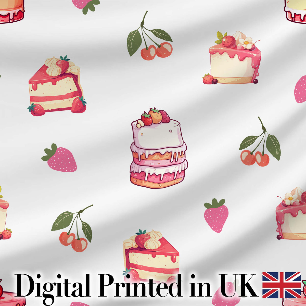 Cute Strawberry Cherry Cake Dessert Light Grey Background Seamless Pattern Digital Print Fabric by the Metre UK Sewing Quilting Textile