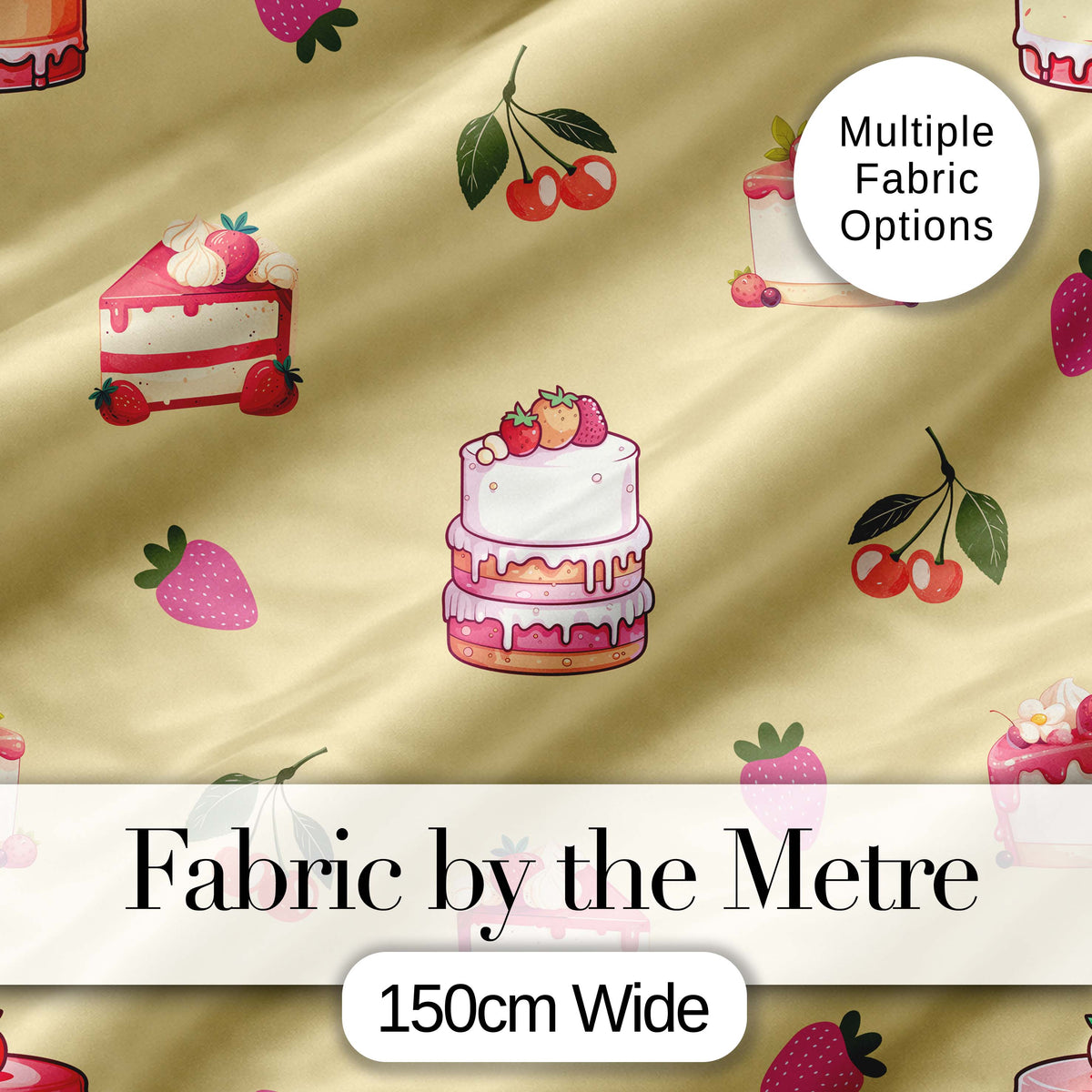 Cute Strawberry Cherry Cake Dessert Yellow Background Seamless Pattern Digital Print Fabric by the Metre UK Sewing Quilting Textile