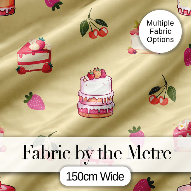 Cute Strawberry Cherry Cake Dessert Yellow Background Seamless Pattern Digital Print Fabric by the Metre UK Sewing Quilting Textile