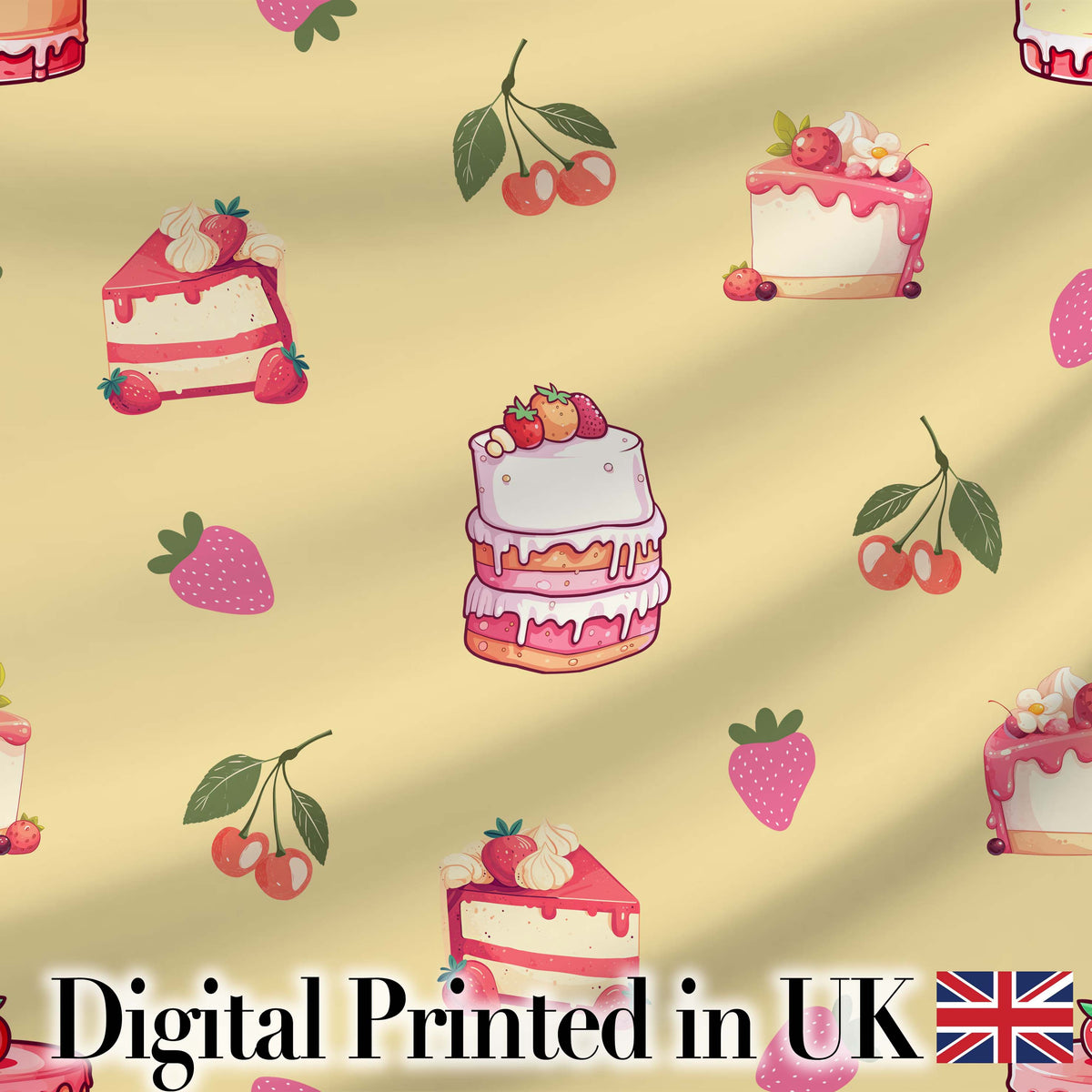 Cute Strawberry Cherry Cake Dessert Yellow Background Seamless Pattern Digital Print Fabric by the Metre UK Sewing Quilting Textile