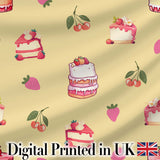 Cute Strawberry Cherry Cake Dessert Yellow Background Seamless Pattern Digital Print Fabric by the Metre UK Sewing Quilting Textile