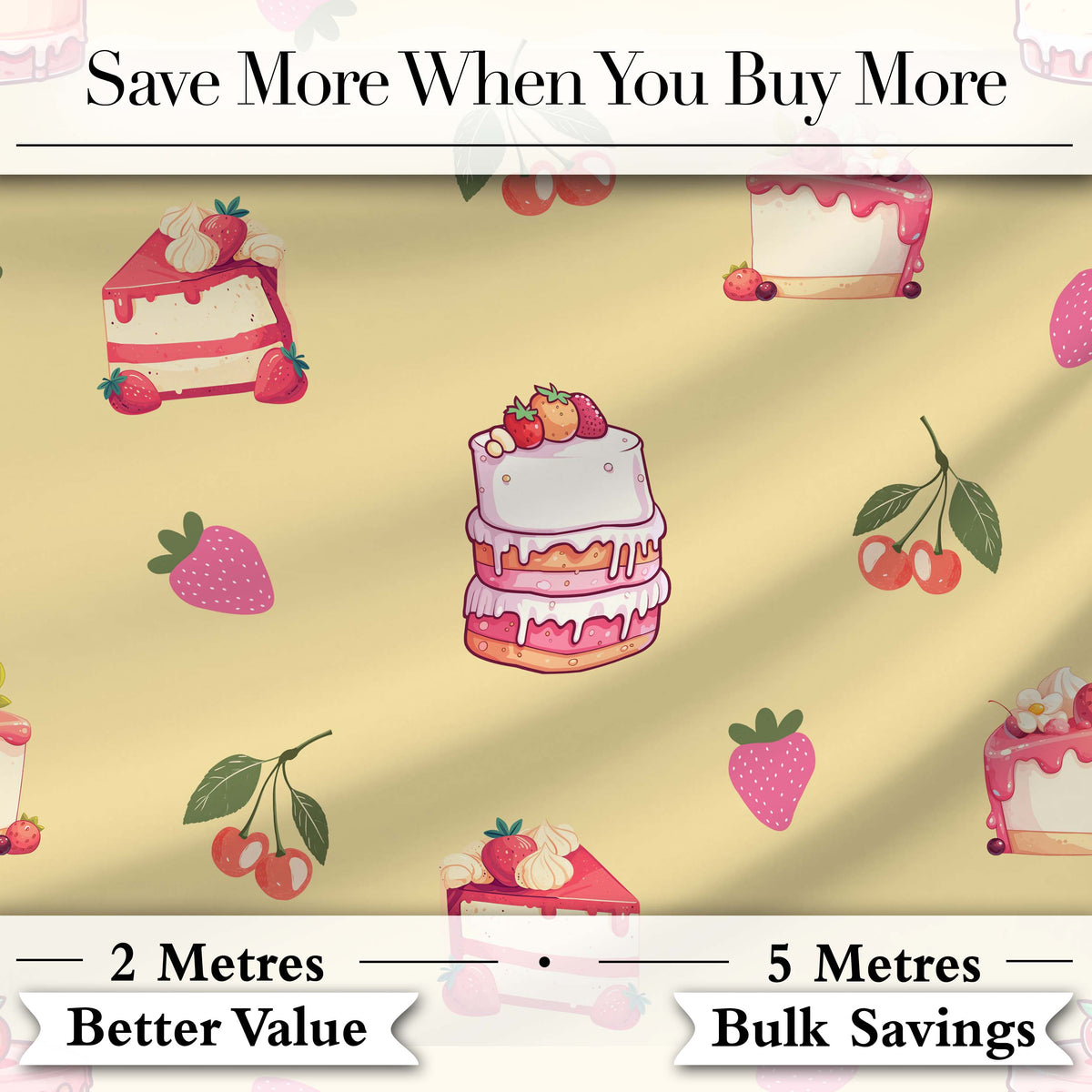 Cute Strawberry Cherry Cake Dessert Yellow Background Seamless Pattern Digital Print Fabric by the Metre UK Sewing Quilting Textile
