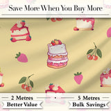 Cute Strawberry Cherry Cake Dessert Yellow Background Seamless Pattern Digital Print Fabric by the Metre UK Sewing Quilting Textile