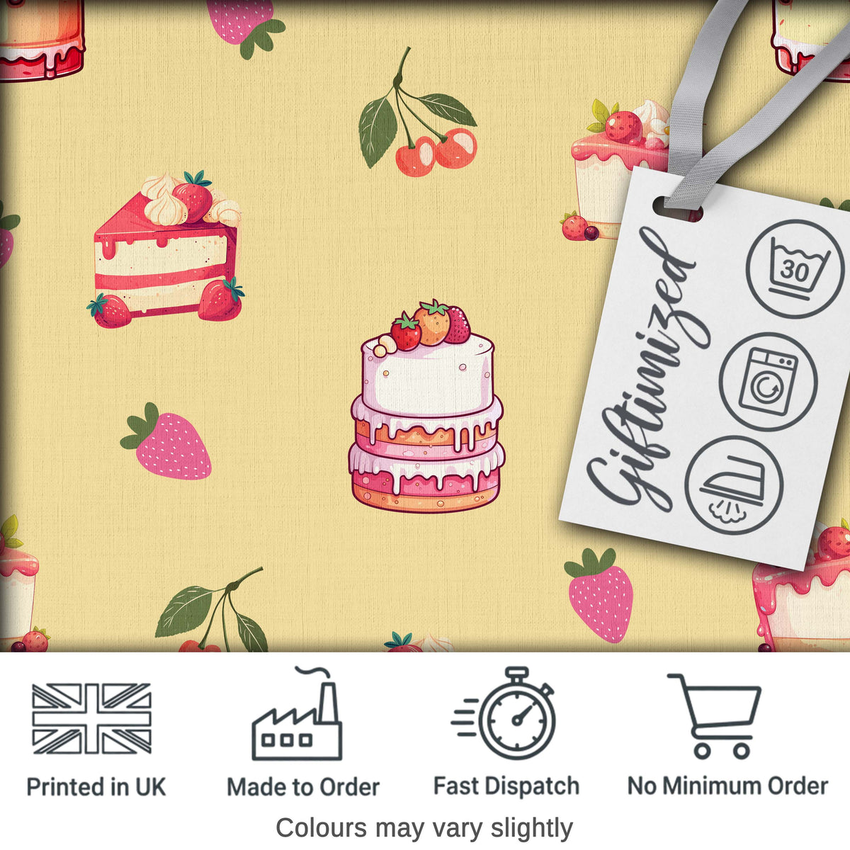Cute Strawberry Cherry Cake Dessert Yellow Background Seamless Pattern Digital Print Fabric by the Metre UK Sewing Quilting Textile