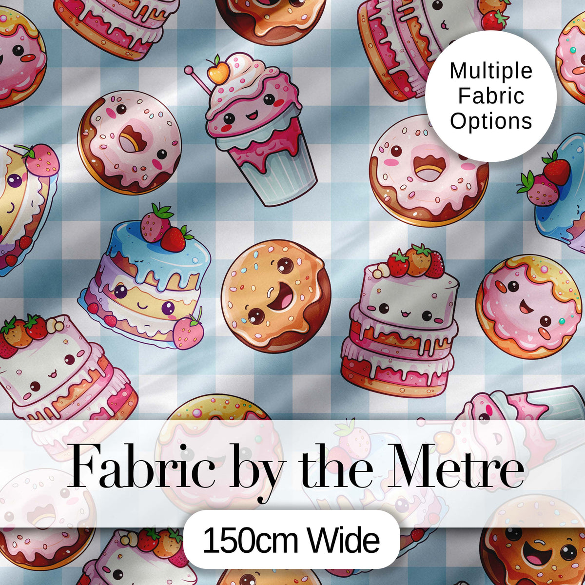 Cute Kawaii Donut Cake Dessert Blue Gingham Background Seamless Pattern Digital Print Fabric by the Metre UK Sewing Quilting Textile