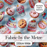 Cute Kawaii Donut Cake Dessert Blue Gingham Background Seamless Pattern Digital Print Fabric by the Metre UK Sewing Quilting Textile