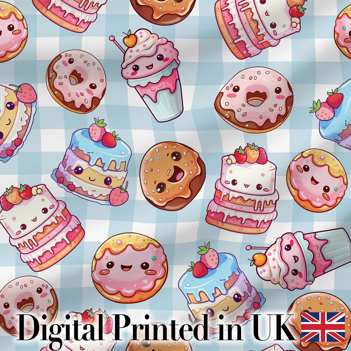 Cute Kawaii Donut Cake Dessert Blue Gingham Background Seamless Pattern Digital Print Fabric by the Metre UK Sewing Quilting Textile