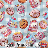 Cute Kawaii Donut Cake Dessert Blue Gingham Background Seamless Pattern Digital Print Fabric by the Metre UK Sewing Quilting Textile