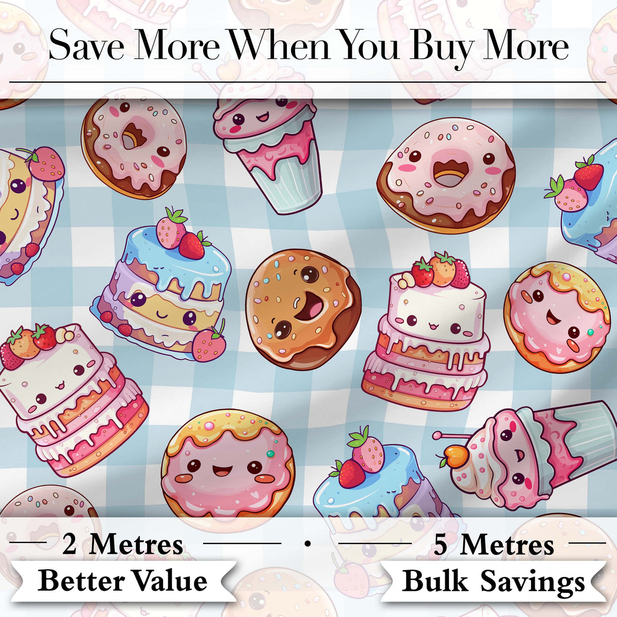 Cute Kawaii Donut Cake Dessert Blue Gingham Background Seamless Pattern Digital Print Fabric by the Metre UK Sewing Quilting Textile