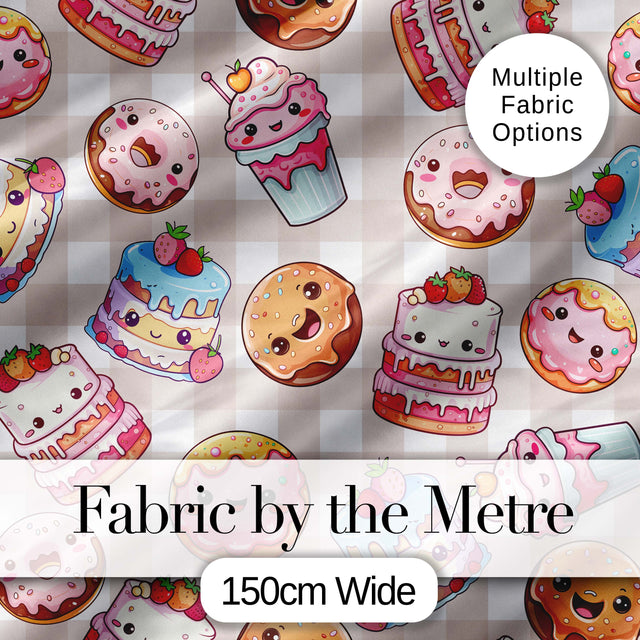 Cute Kawaii Donut Cake Dessert Beige Gingham Seamless Pattern Digital Print Fabric by the Metre UK Sewing Quilting Textile