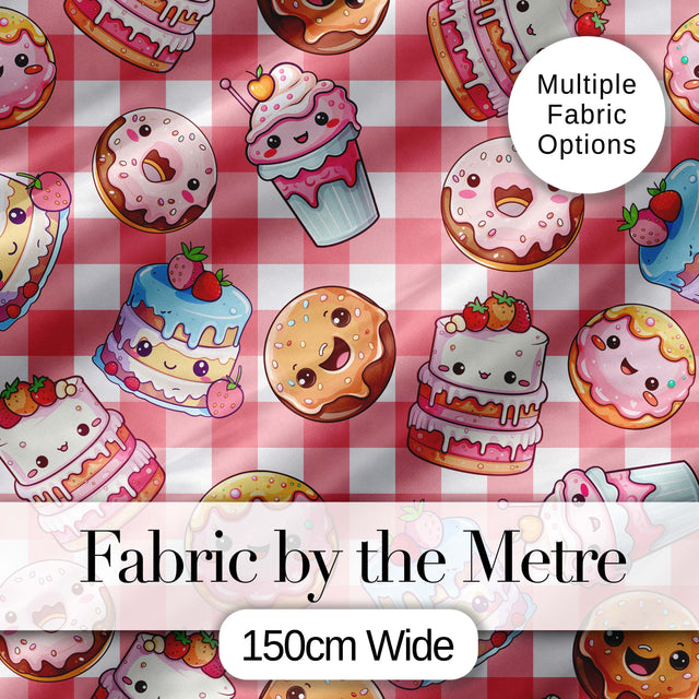 Cute Kawaii Donut Cake Dessert Red Gingham Seamless Pattern Digital Print Fabric by the Metre UK Sewing Quilting Textile