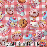 Cute Kawaii Donut Cake Dessert Red Gingham Seamless Pattern Digital Print Fabric by the Metre UK Sewing Quilting Textile