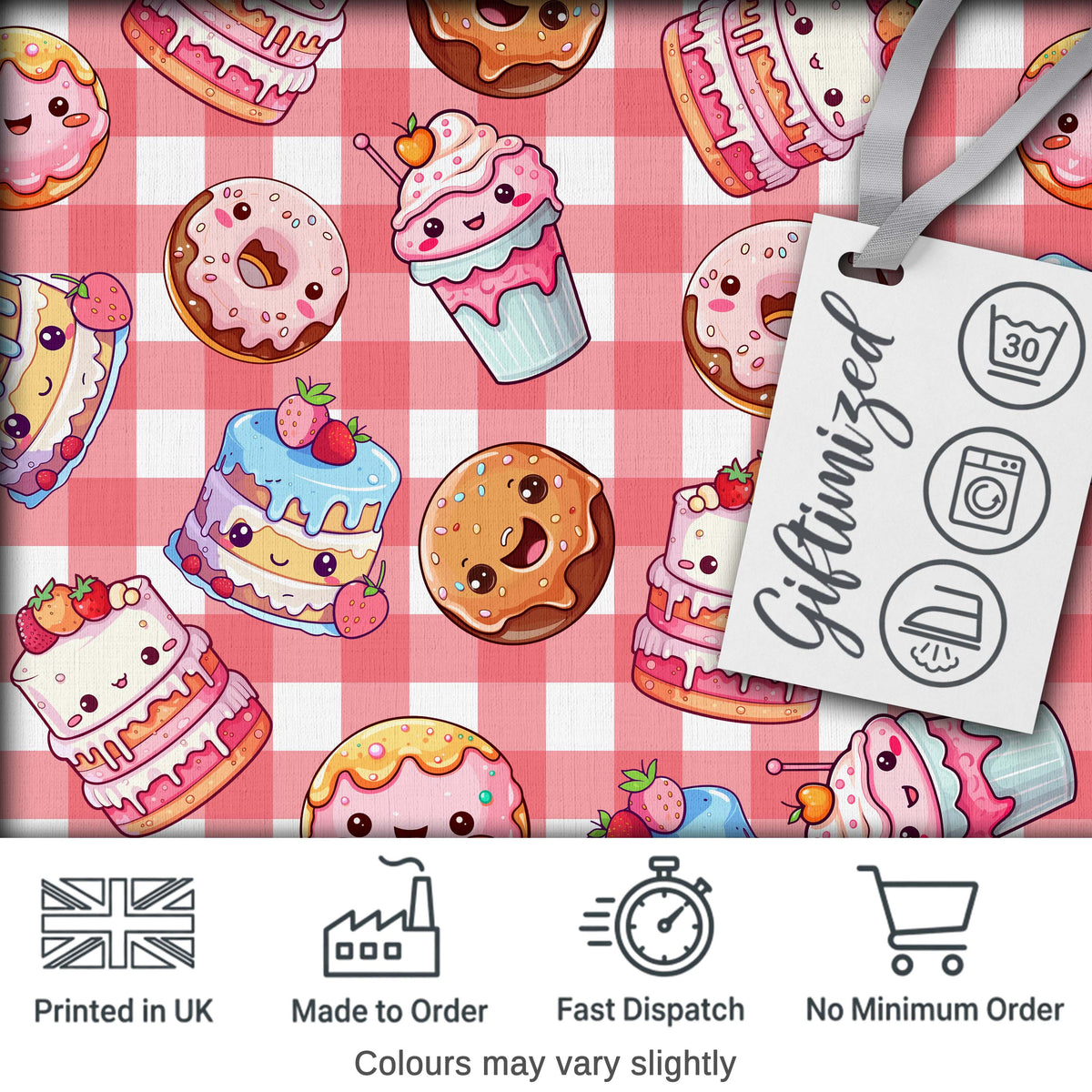 Cute Kawaii Donut Cake Dessert Red Gingham Seamless Pattern Digital Print Fabric by the Metre UK Sewing Quilting Textile
