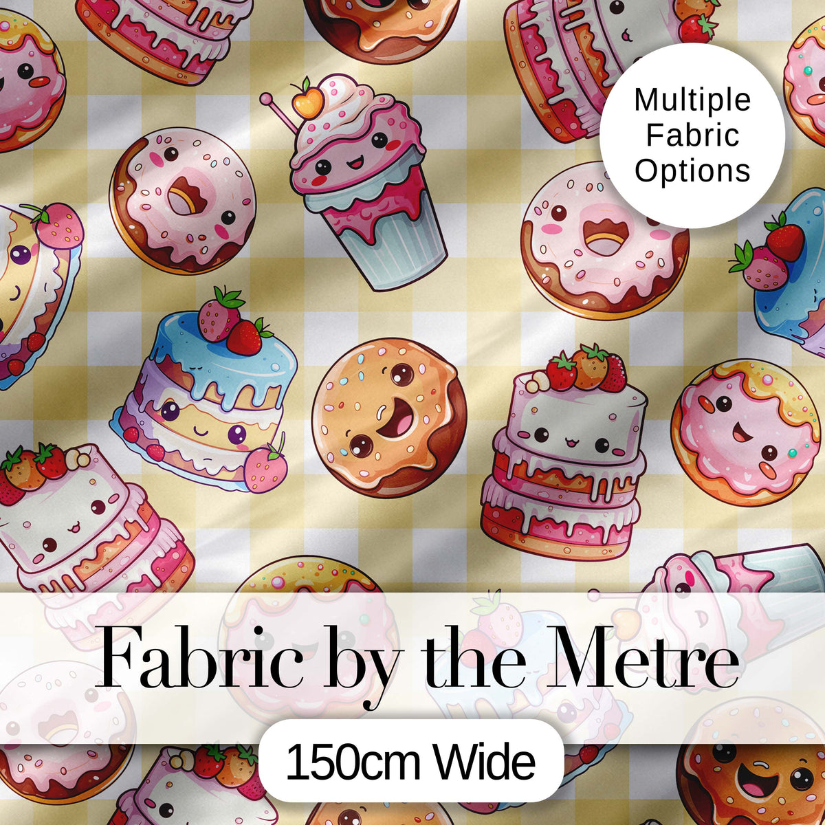 Cute Kawaii Donut Cake Dessert Yellow Gingham Seamless Pattern Digital Print Fabric by the Metre UK Sewing Quilting Textile