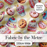 Cute Kawaii Donut Cake Dessert Yellow Gingham Seamless Pattern Digital Print Fabric by the Metre UK Sewing Quilting Textile