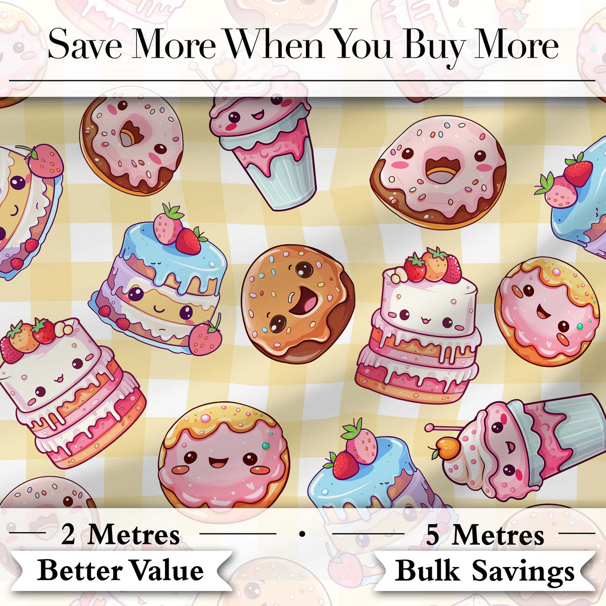 Cute Kawaii Donut Cake Dessert Yellow Gingham Seamless Pattern Digital Print Fabric by the Metre UK Sewing Quilting Textile