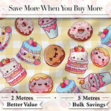 Cute Kawaii Donut Cake Dessert Yellow Gingham Seamless Pattern Digital Print Fabric by the Metre UK Sewing Quilting Textile