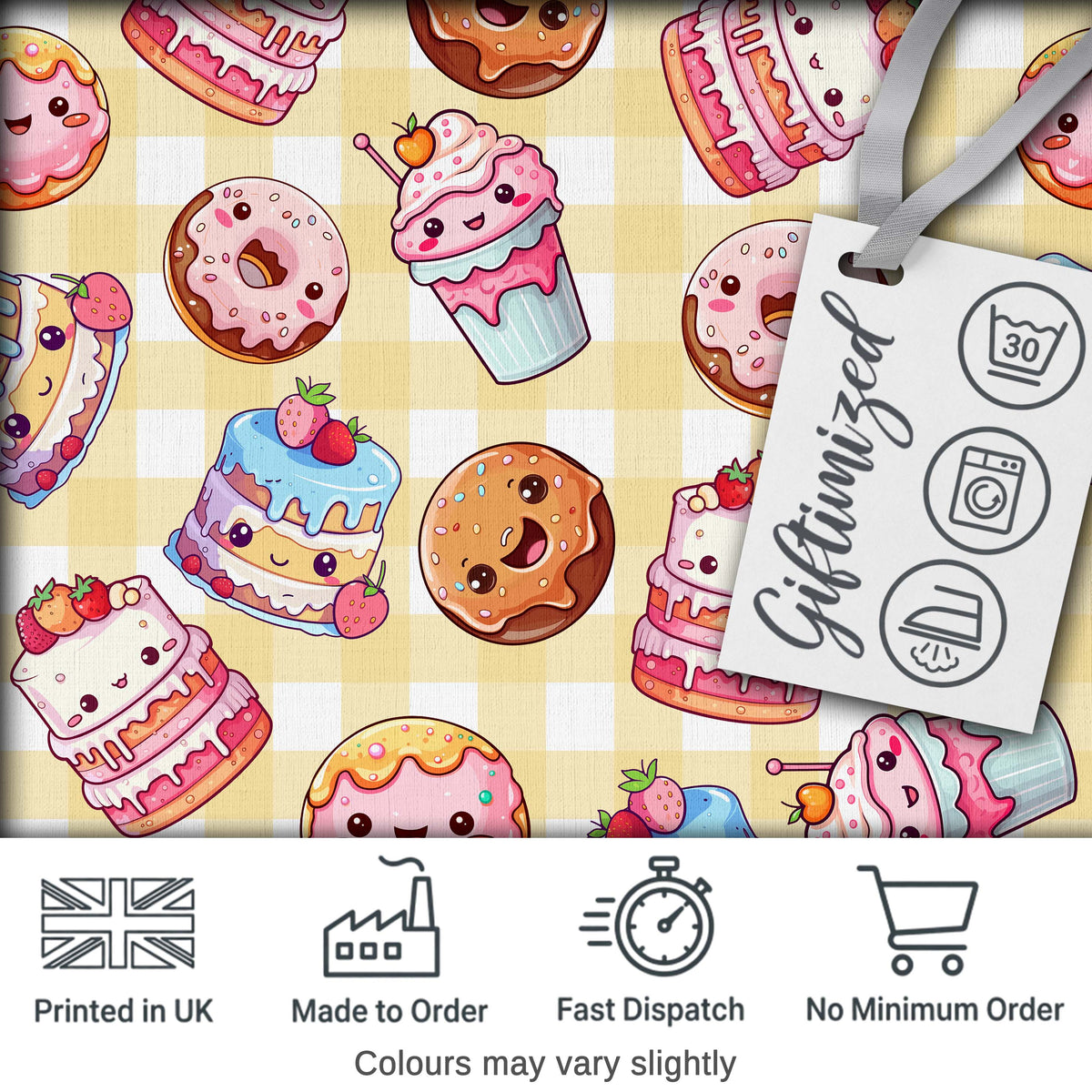 Cute Kawaii Donut Cake Dessert Yellow Gingham Seamless Pattern Digital Print Fabric by the Metre UK Sewing Quilting Textile