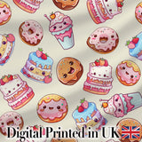 Cute Kawaii Donuts Cakes Desserts Beige Background Seamless Pattern Digital Print Fabric by the Metre UK Sewing Quilting Textile