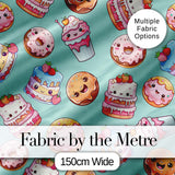 Cute Kawaii Donuts Cakes Desserts Mint Background Seamless Pattern Digital Print Fabric by the Metre UK Sewing Quilting Textile