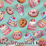 Cute Kawaii Donuts Cakes Desserts Mint Background Seamless Pattern Digital Print Fabric by the Metre UK Sewing Quilting Textile