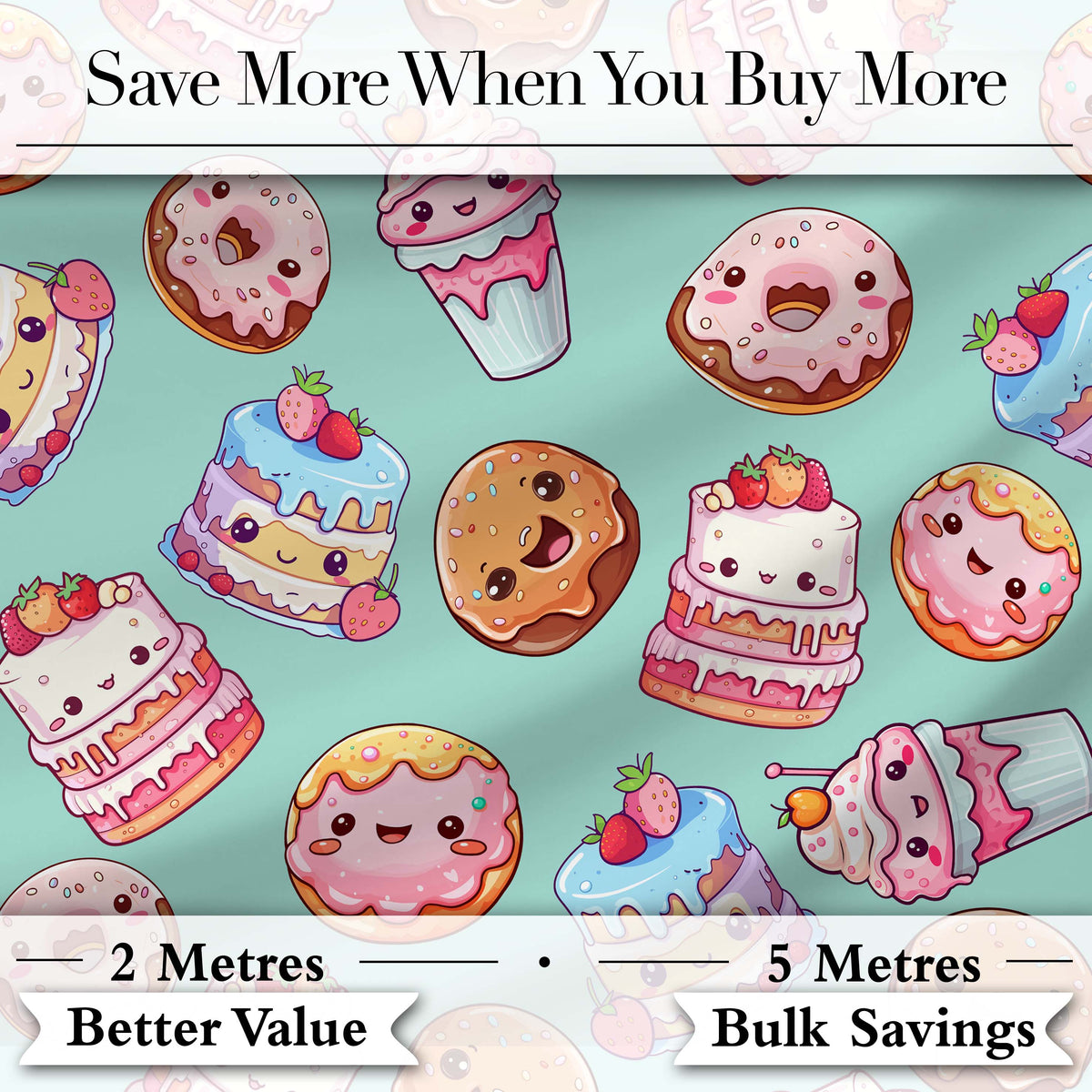Cute Kawaii Donuts Cakes Desserts Mint Background Seamless Pattern Digital Print Fabric by the Metre UK Sewing Quilting Textile