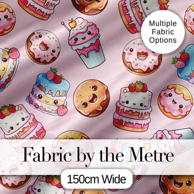 Cute Kawaii Donuts Cakes Desserts Soft Pink Background Seamless Pattern Digital Print Fabric by the Metre UK Sewing Quilting Textile