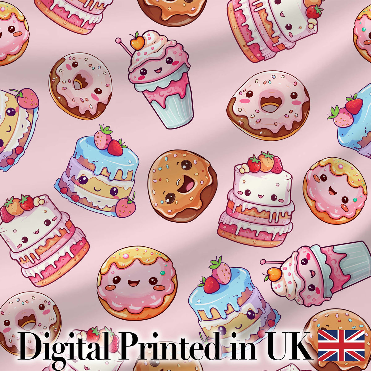 Cute Kawaii Donuts Cakes Desserts Soft Pink Background Seamless Pattern Digital Print Fabric by the Metre UK Sewing Quilting Textile