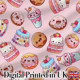 Cute Kawaii Donuts Cakes Desserts Soft Pink Background Seamless Pattern Digital Print Fabric by the Metre UK Sewing Quilting Textile