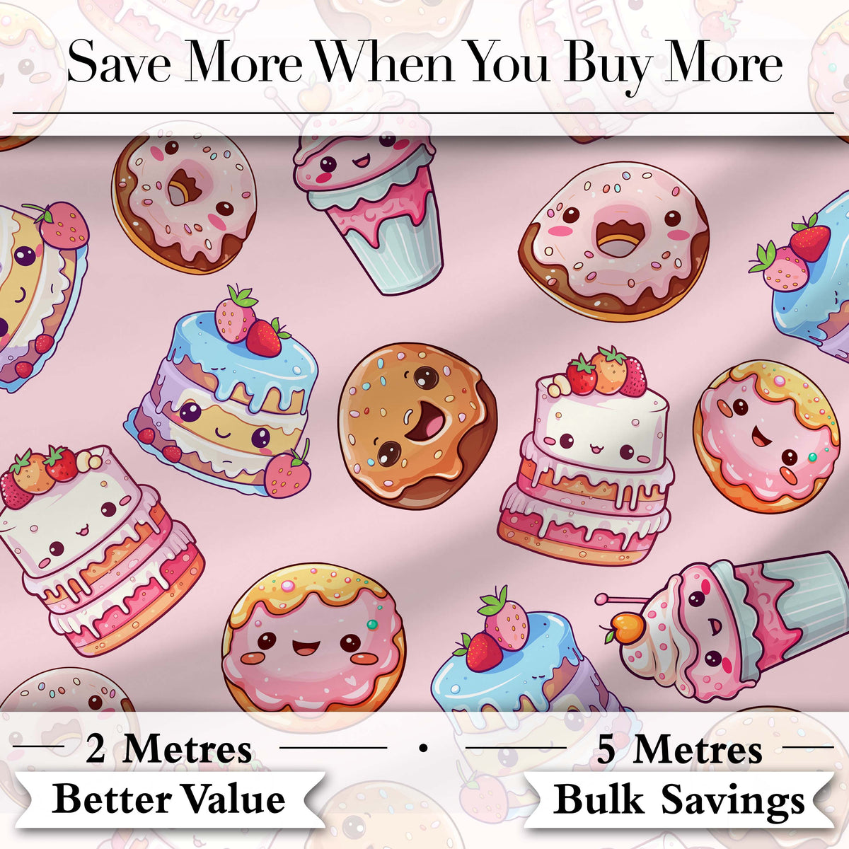 Cute Kawaii Donuts Cakes Desserts Soft Pink Background Seamless Pattern Digital Print Fabric by the Metre UK Sewing Quilting Textile