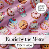 Cute Kawaii Donuts Cakes Desserts Blush Pink Background Seamless Pattern Digital Print Fabric by the Metre UK Sewing Quilting Textile