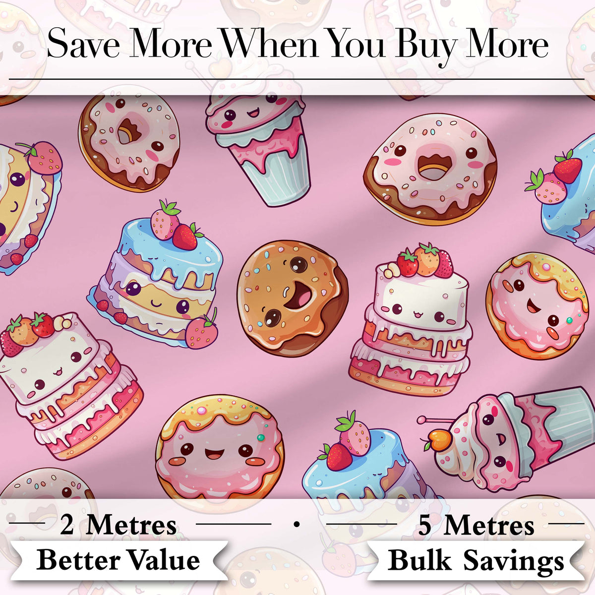 Cute Kawaii Donuts Cakes Desserts Blush Pink Background Seamless Pattern Digital Print Fabric by the Metre UK Sewing Quilting Textile